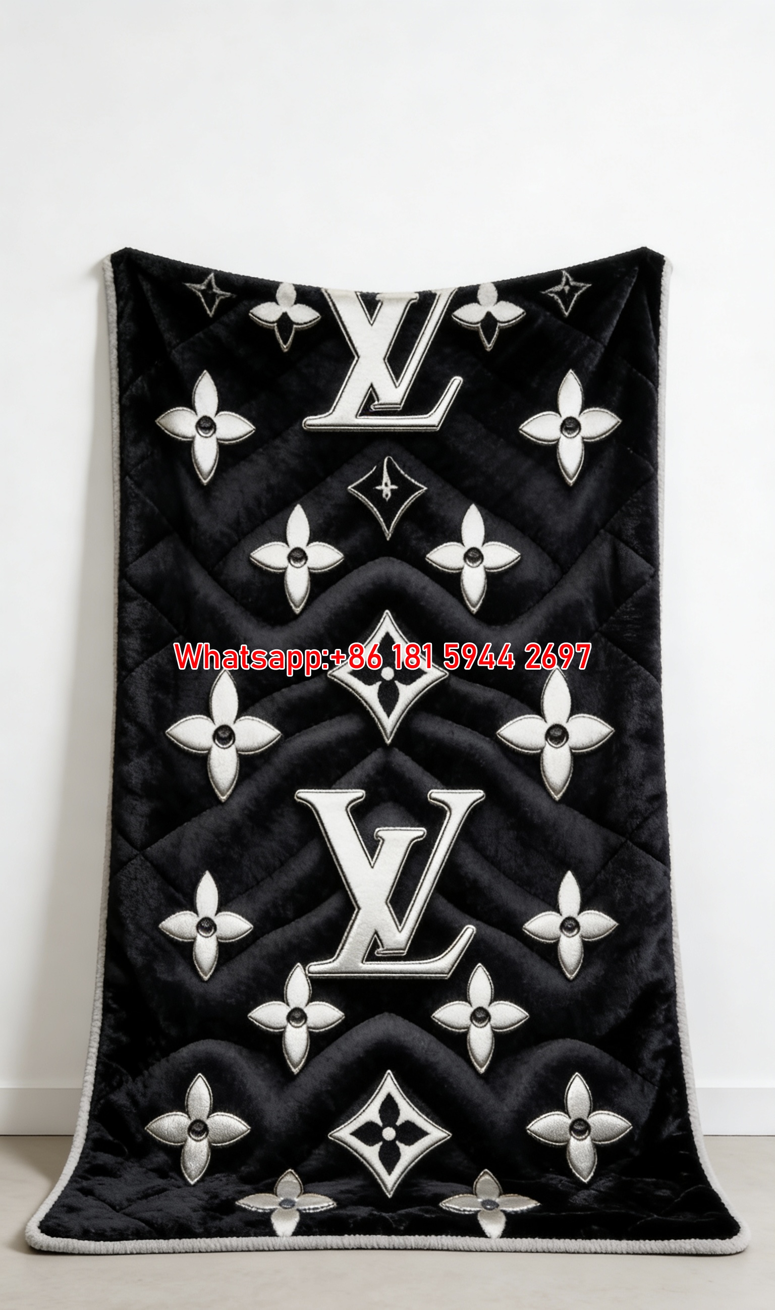 LV Quilted Monogram Blanket Sleek Silver LV Logo Blanket 087